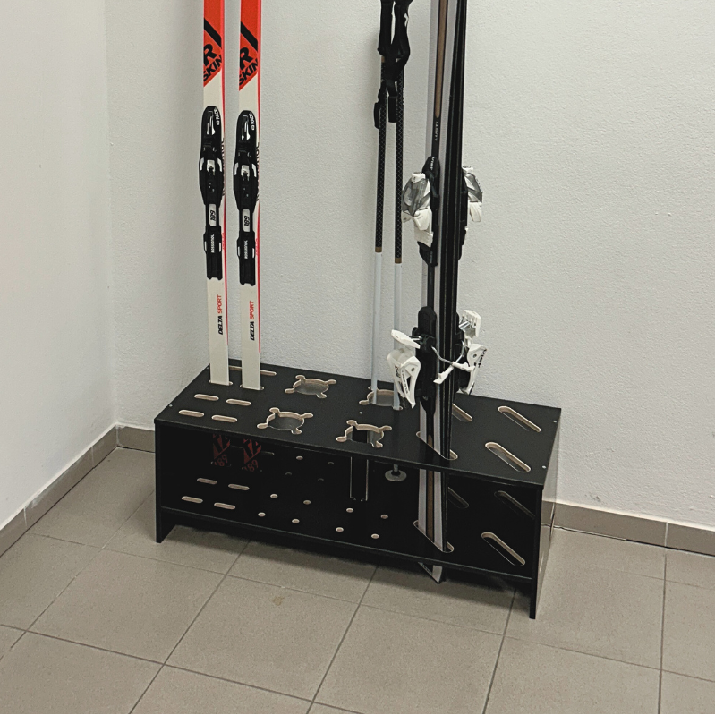 cross country ski and pole holder Combined wooden stand for alpine, cross‑country skis and poles