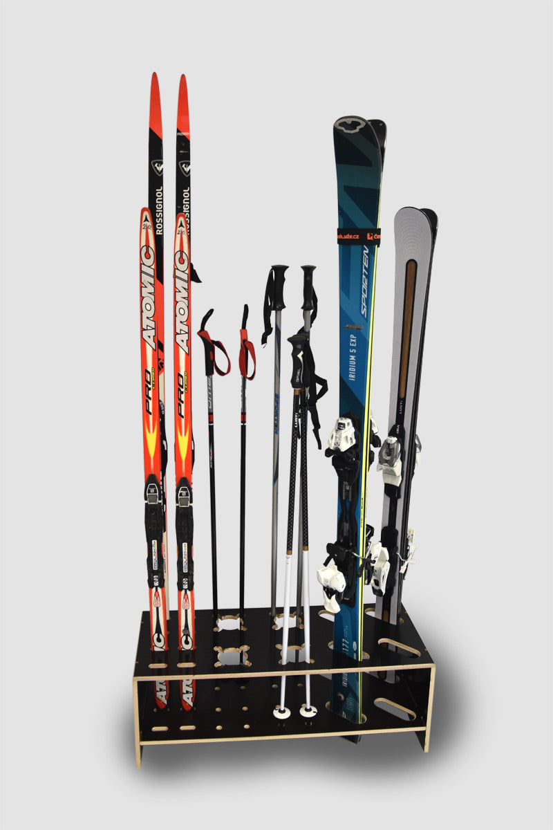 cross country ski and pole holder Combined wooden stand for alpine, cross‑country skis and poles