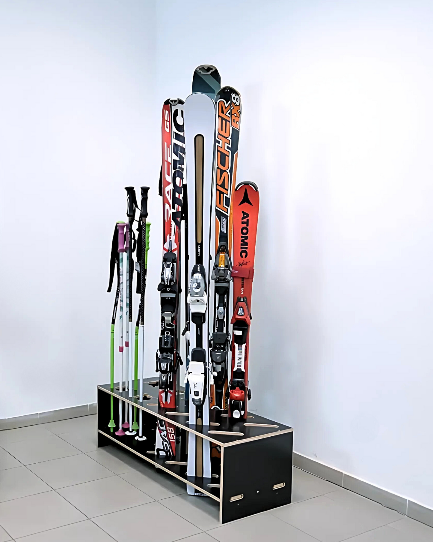 Combined wooden stand for skis and poles