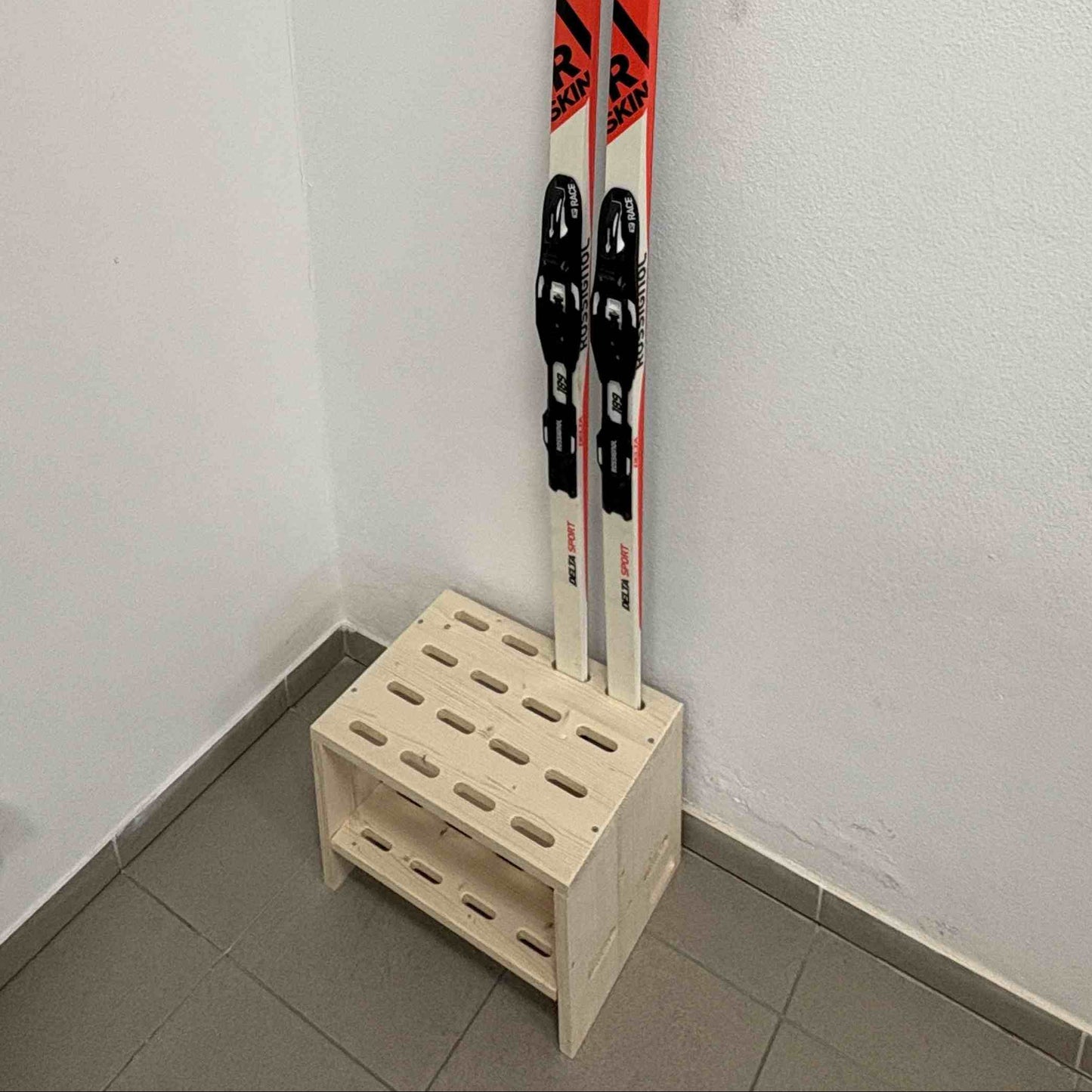 Wooden stand for 8 pairs of cross‑country skis
